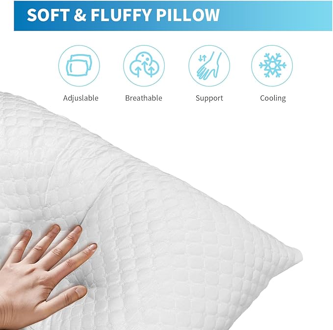 Memory Foam Pillows, Bed Pillows Queen Size Set of 2, Cooling Pillows for Sleeping, Adjustable Firm Pillows for Side Back and Stomach Sleepers, Bed Pillows with Washable Removable Cover