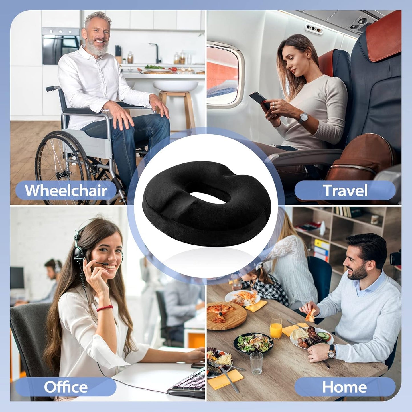 Donut Pillow Seat Cushion - Memory Foam Cooling Gel Cushion for Office & Home Chair, Car Seat, Wheelchair, Hemorrhoids Pillow, Sciatica & Tailbone Pain Relief Desk Chair Cushion, Black