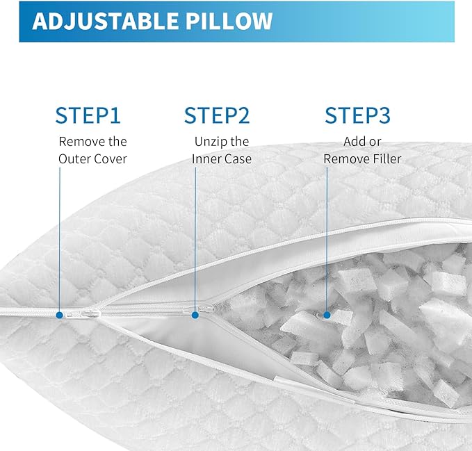 Memory Foam Pillows, Bed Pillows Queen Size Set of 2, Cooling Pillows for Sleeping, Adjustable Firm Pillows for Side Back and Stomach Sleepers, Bed Pillows with Washable Removable Cover