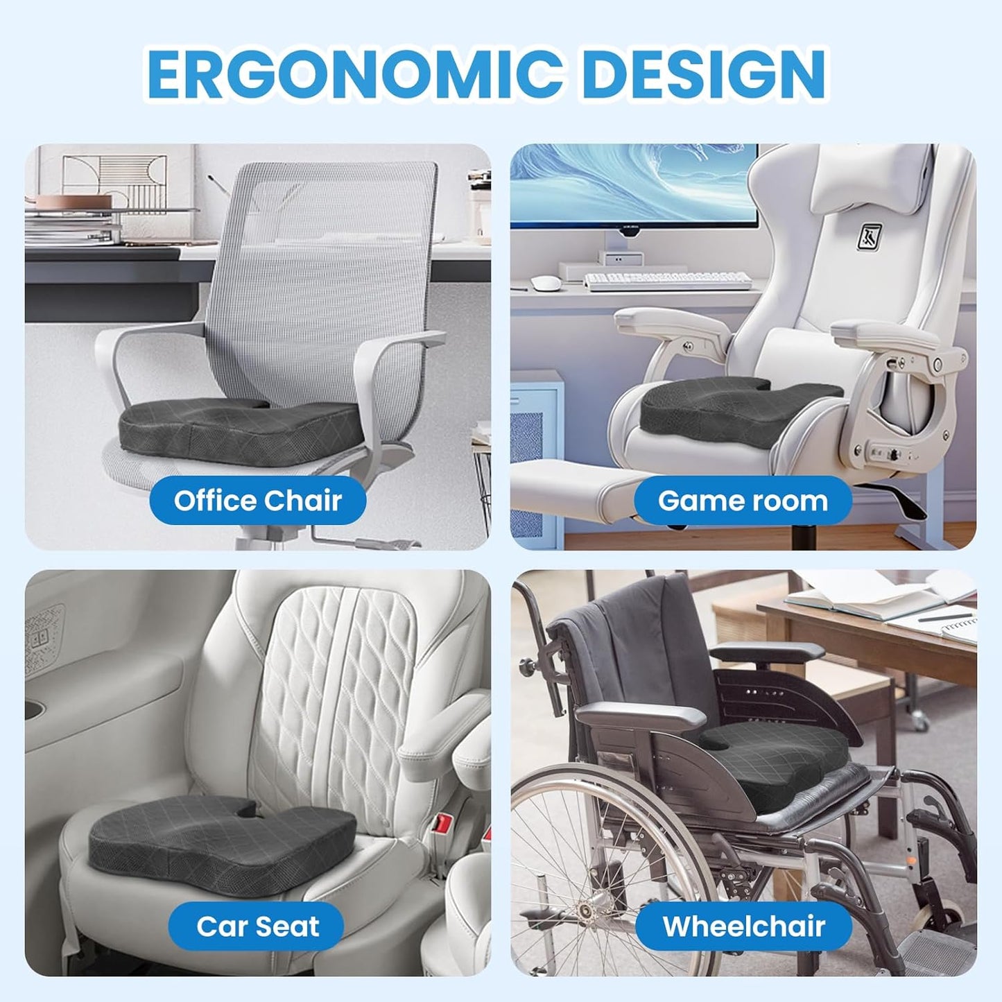 Seat Cushion - Memory Foam Cushion for Office Chair, Car Seat, Airplane, Bleacher - Sciatica & Hip & Coccyx Pain Relief Desk Chair Cushion for Long Sitting Office Workers, Car Drivers