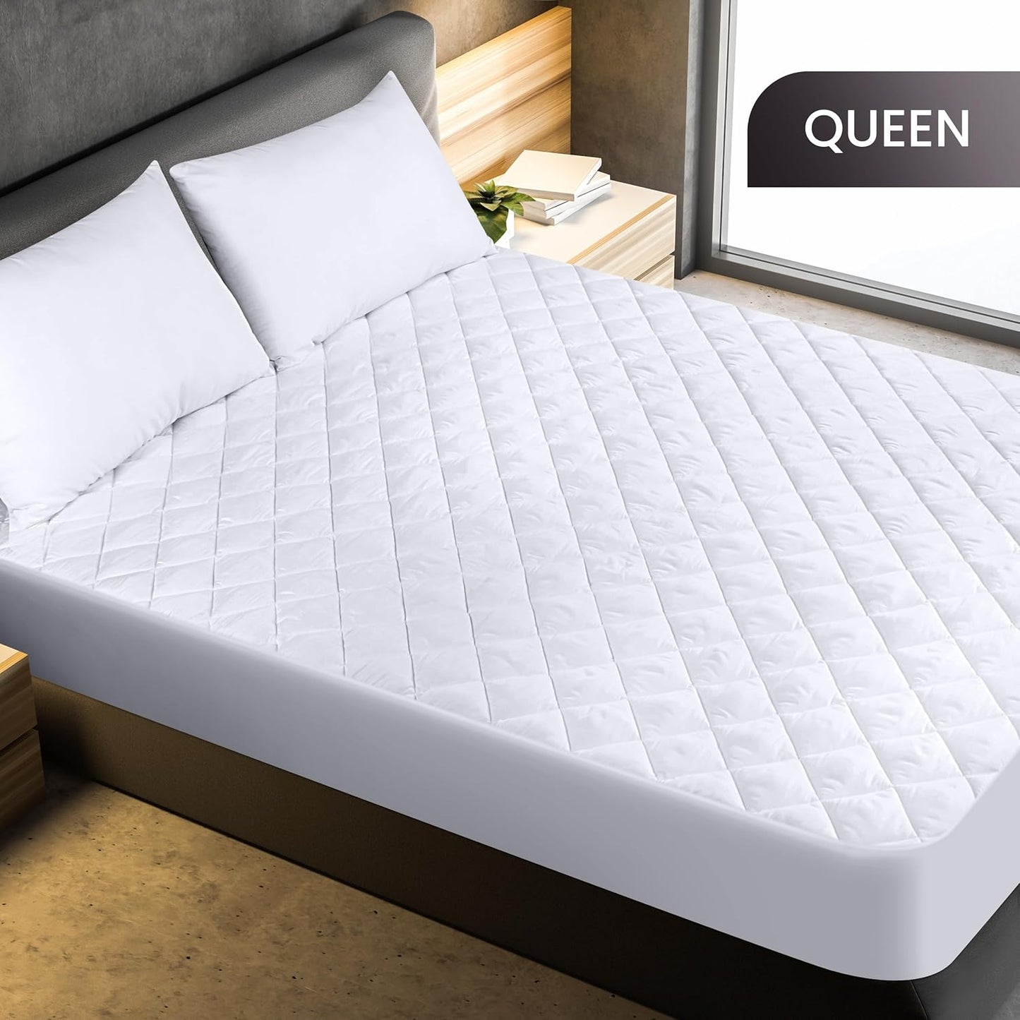 Fitted Mattress Pad (Queen), Elastic Fitted Mattress Protector, Mattress Cover Stretches up to 16 Inches Deep, Machine Washable Mattress Topper