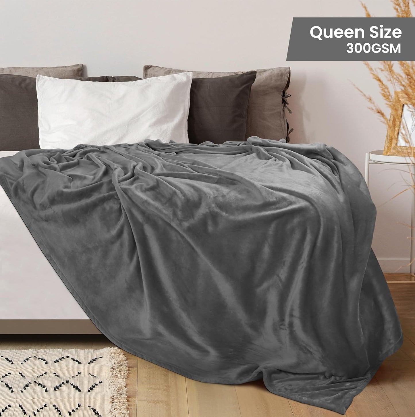 Bedding Fleece Blanket Queen Size Grey 300GSM Luxury Anti-Static Fuzzy Soft Microfiber Bed Blanket