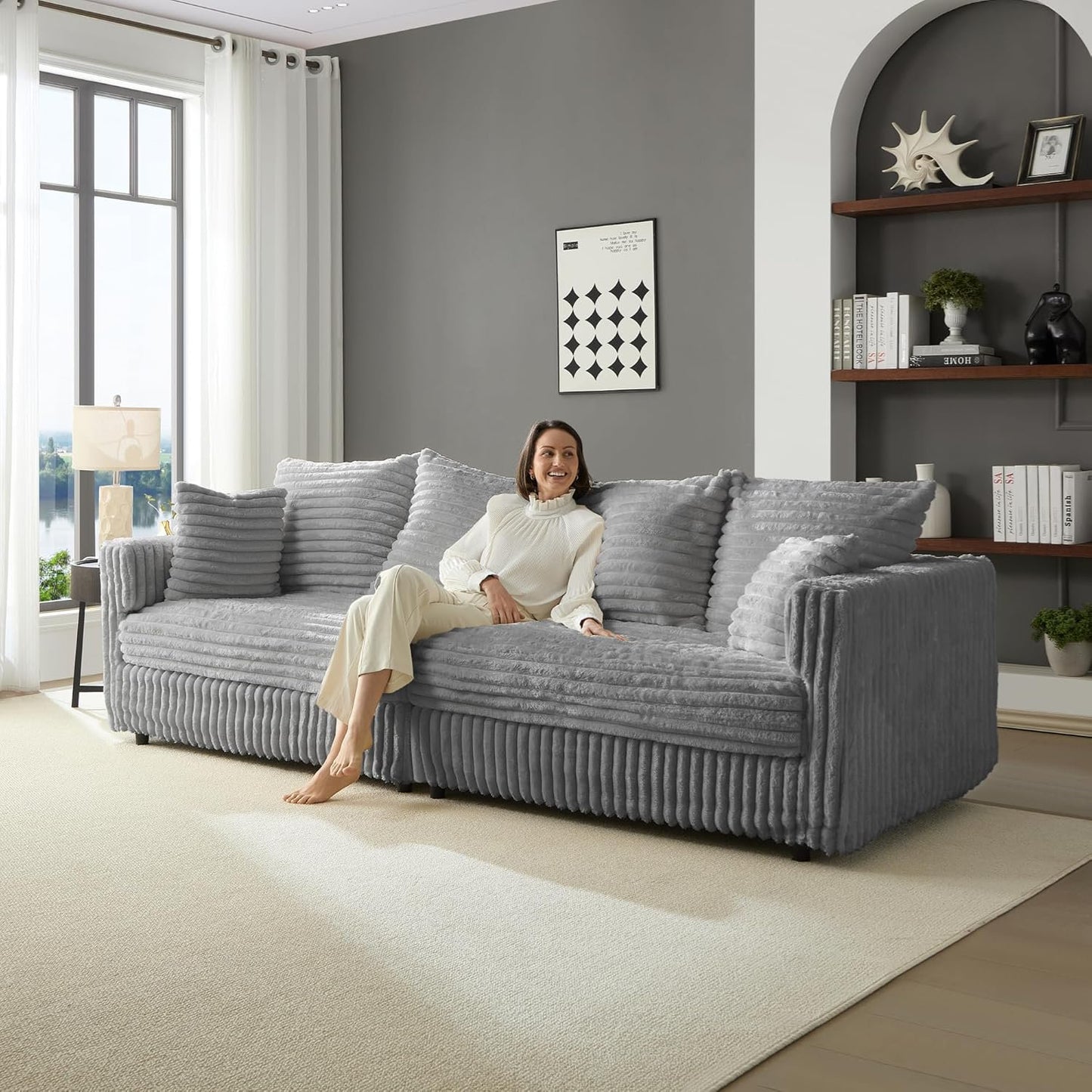 102.4" Oversized Cloud Couch, Convertible 4 Deep Seat Foam Sofa Couch, 2 in 1 Plush Corduroy Sofa with 6 Soft Pillows, Modern Modular Sectional Couches for Living Room, Apartment, Gray
