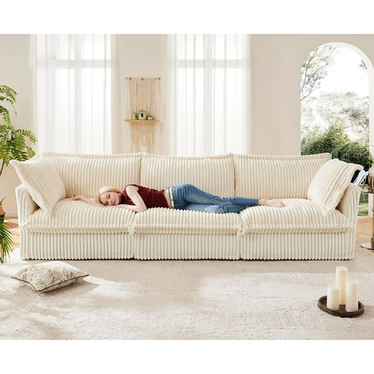 120" Oversized Modular Sectional Sofa, Comfy 3 Seat Corduroy Cloud Couch, Minimalist Deep Sofa Couches with Washable Cover, 2 Pillows, Modern Upholstered Sofas for Living Room, Beige