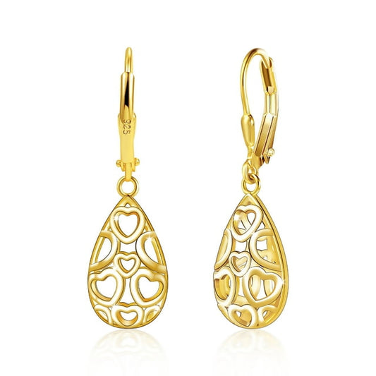 14K Gold Plated Teardrop Dangle Earrings for Women Sterling Silver Tear drop Leverback Earrings Hypoallergenic Sterling Silver Filigree Earrings for Jewelry Gifts for Mom Womens