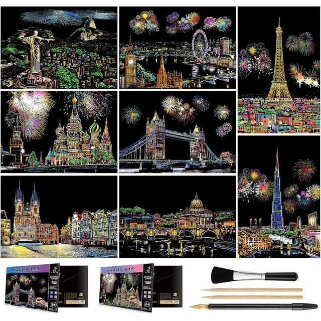 16pcs Art Scratch for Kids & Adults, Rainbow Engraving Painting Landscape Scratchboard(A4) Crafts : 16 Sheets 4 tools - Fireworks, Big Ben, Foil Engraving Art Scratch,Scratch and City Serie