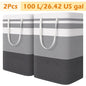 2-Pack Extra Large Laundry Basket, Waterproof, Freestanding Laundry Hamper, Collapsible Tall Clothes Hamper with Extended Handles for Clothes Toys, 100L/26.42 gal, Black&Grey&White
