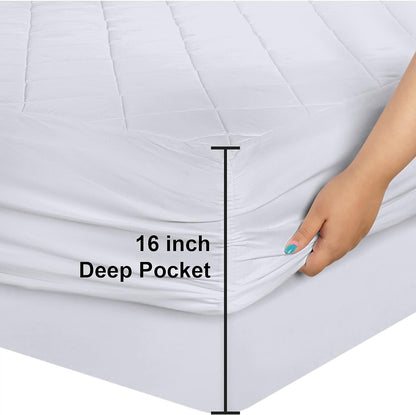 Fitted Mattress Pad (Queen), Elastic Fitted Mattress Protector, Mattress Cover Stretches up to 16 Inches Deep, Machine Washable Mattress Topper